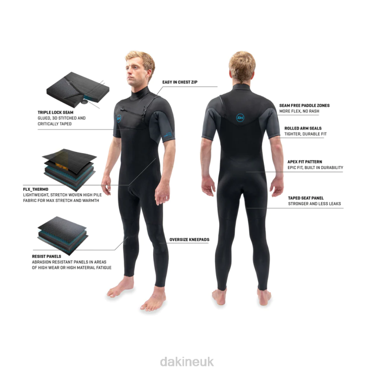 Quantum Chest Zip Short Sleeved Full Wetsuit 2/2mm Dakine Men Black/Grey N882P102 Clothing
